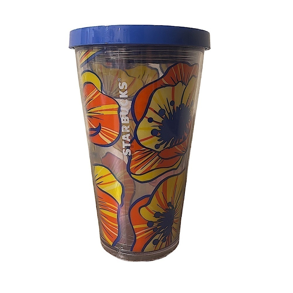 STARBUCKS 16ozs flowers grande size cold cup blue yellow orange clear tumbler
